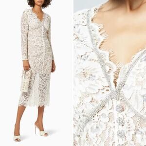 Self-Portrait Rhinestone Beaded Embellished Cord Lace Midi Dress Cream Size US 8